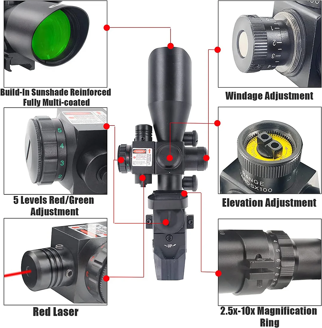ohhunt® 2.5-10x40 Combo Rifle Scope, Dual Illuminated Mil-dot Reticle, W/Mini Reflex 3 MOA Red Dot Sight and Laser Sight