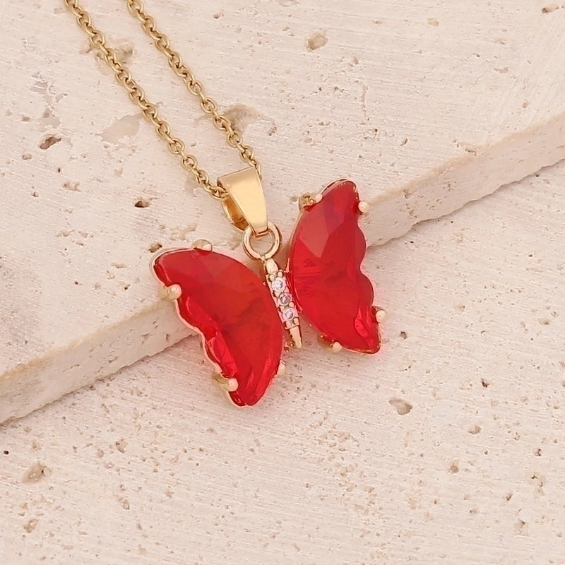 Stainless Steel 18K Gold Plated Fairy Style Inlay Butterfly Crystal Necklace