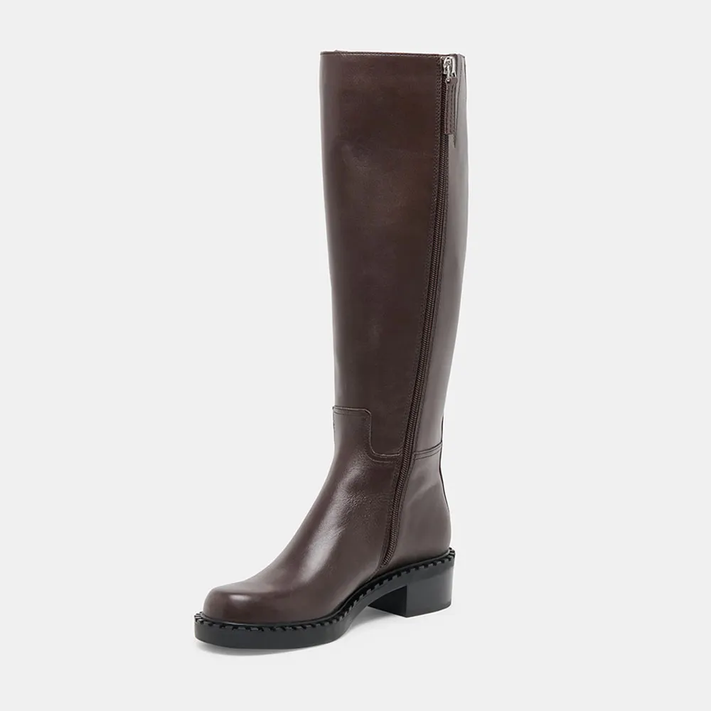 Women's Classic Brown Round Toe Low Block Heel Zipper Tall Boots