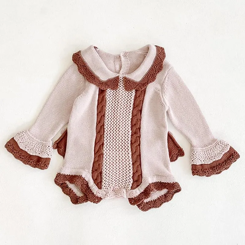 2020 Autumn Newborn Girls Jumpsuits Clothes Baby Knit Lotus Leaf Collar Rompers + Hat Knitted Long Sleeve Children Rompers