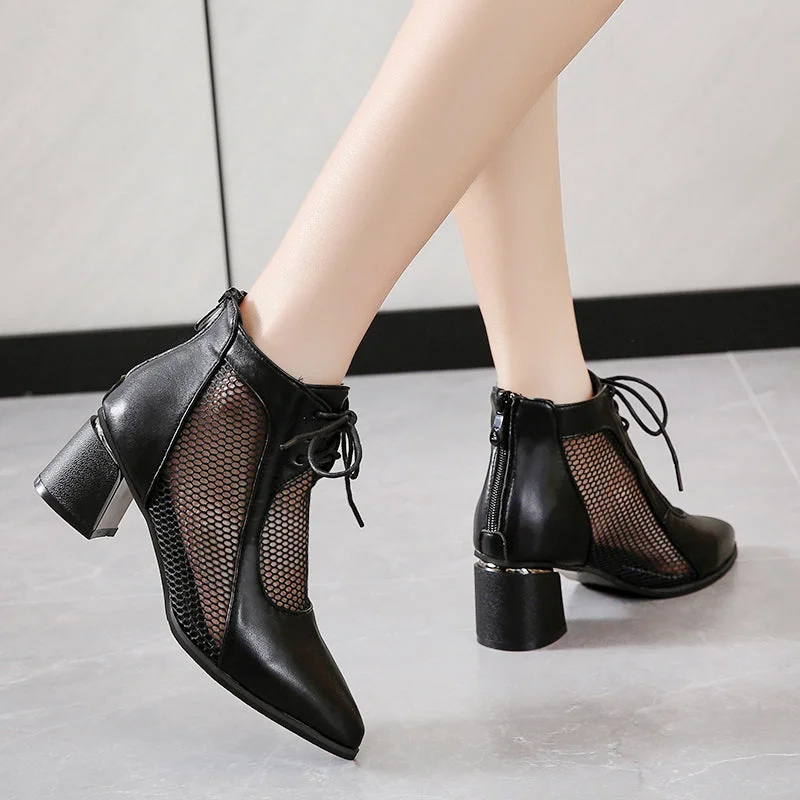 2022 Summer Sexy Black Ankle Boots For Women Mesh Breathable High Heels Botas De Mujer Pointed Toe Thick Heeled Sandals