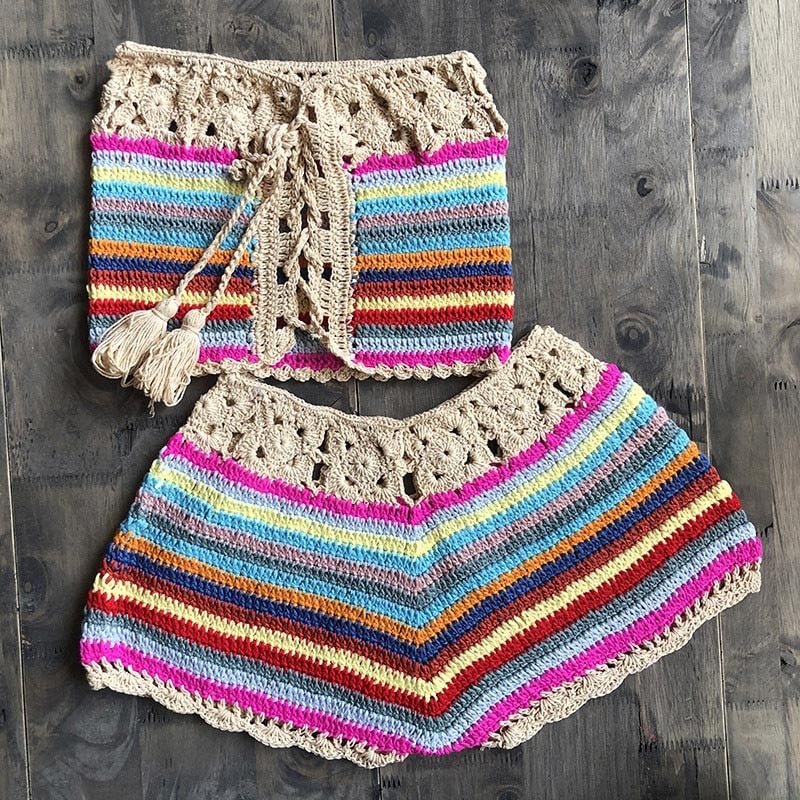 Aproms Colorful Striped Strapless Crochet Tube Crop Top and Skirt Summer Beach Women 2 Piece Set Dress Girls Bikini Beachwear