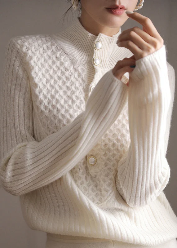 Stylish White Hign Neck Button Cashmere Sweater Tops Spring