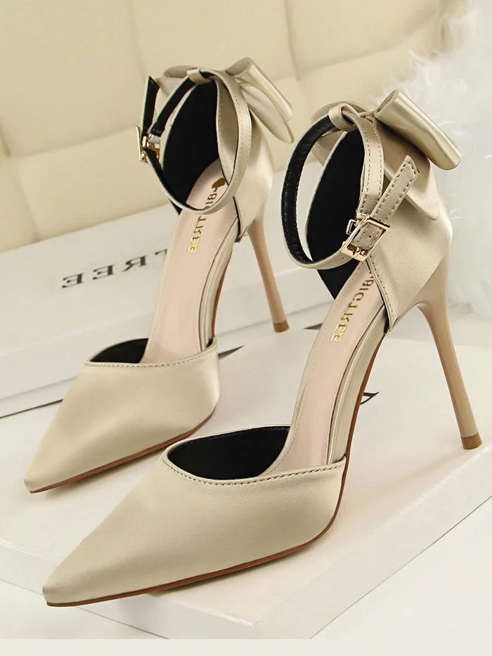 Stiletto high heel shallow pointy satin hollow back bow sandals