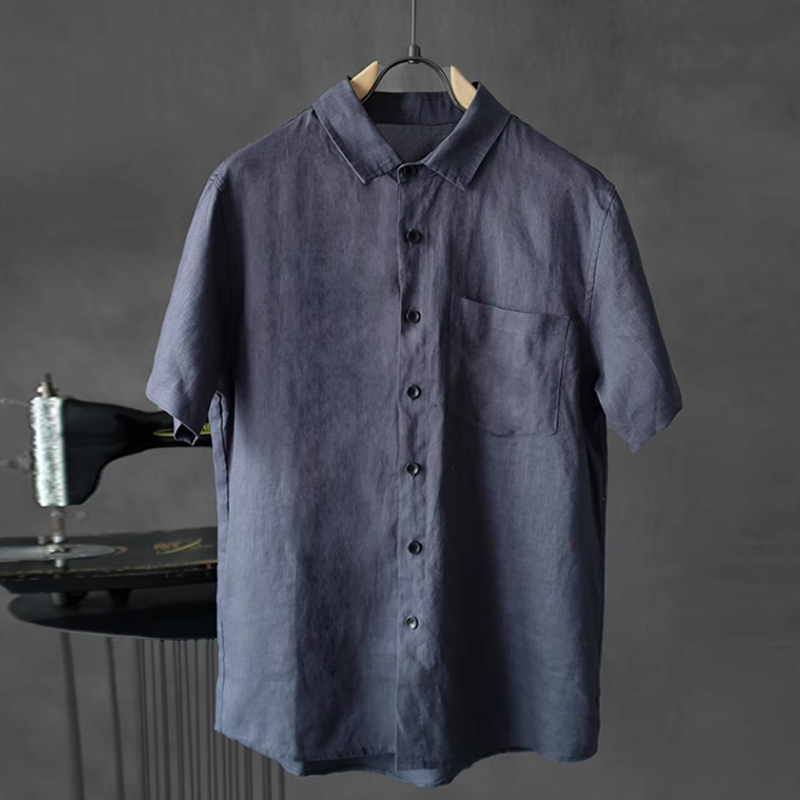 Men's Loose Linen Solid Color Thin Short-Sleeved Dark Blue  Shirt