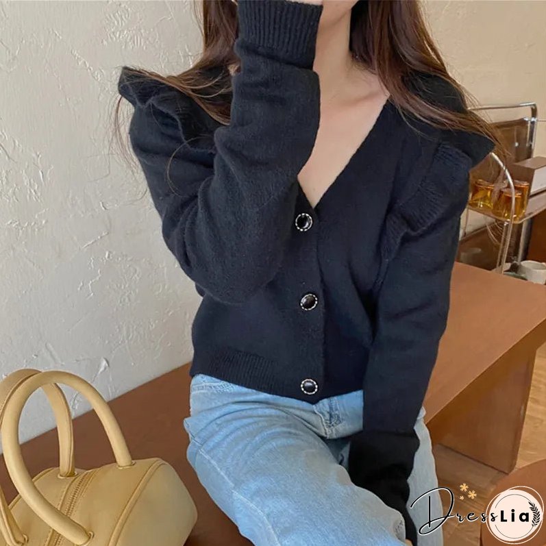 Joskka New Women's Autumn Winter Sweaters Buttons Cardigans Vintage Korean Knitted Ruffle Fashionable Elegant Lady Tops