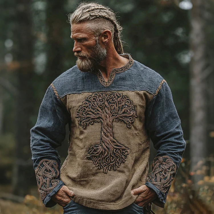 Men's Viking Tree Of Life Art Vintage Linen Tunic