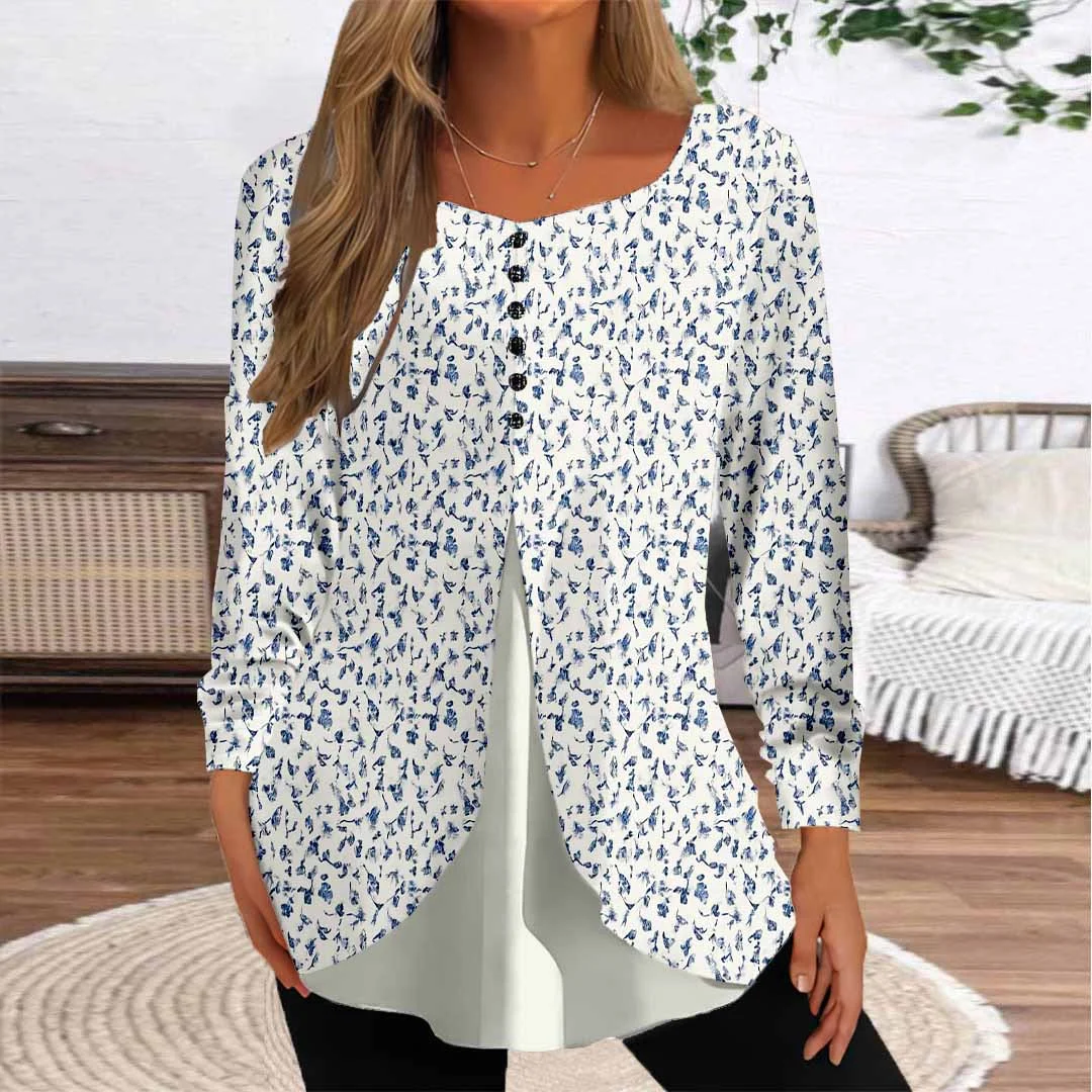 Women Floral,Blue DZGG8160 Long Sleeve Scoop Neck Printed Graphic Button Fake 2in1 Tops