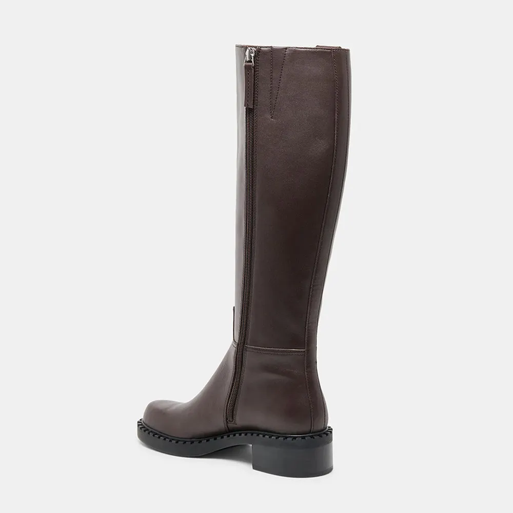 Women's Classic Brown Round Toe Low Block Heel Zipper Tall Boots