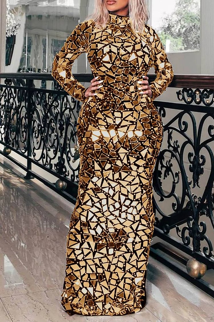 Plus Size Black Party Mock Neck Long Sleeve Sequin Splicing Maxi Dress [Pre-Order]