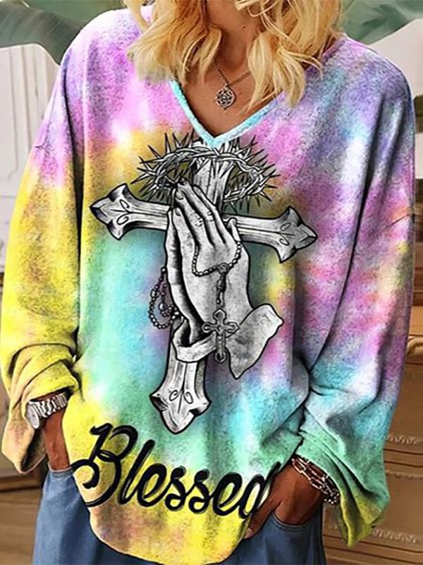 Jesus cross tie-dye print V-neck T-shirt