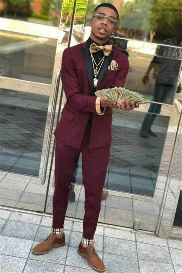 New Arrive Burgundy With Two Pieces Party Prom Suit For Man Black Lapel | Ballbellas Ballbellas