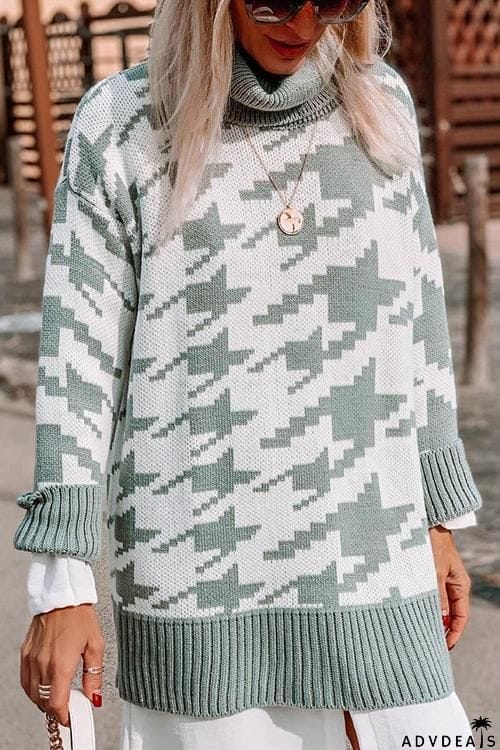 Houndstooth High Collar Sweater