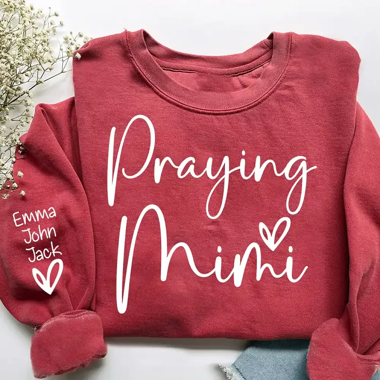 Custom Praying Mimi Sweatshirt with Grandkids Names on Sleeve, Cursive Script Heart Christian Pullover