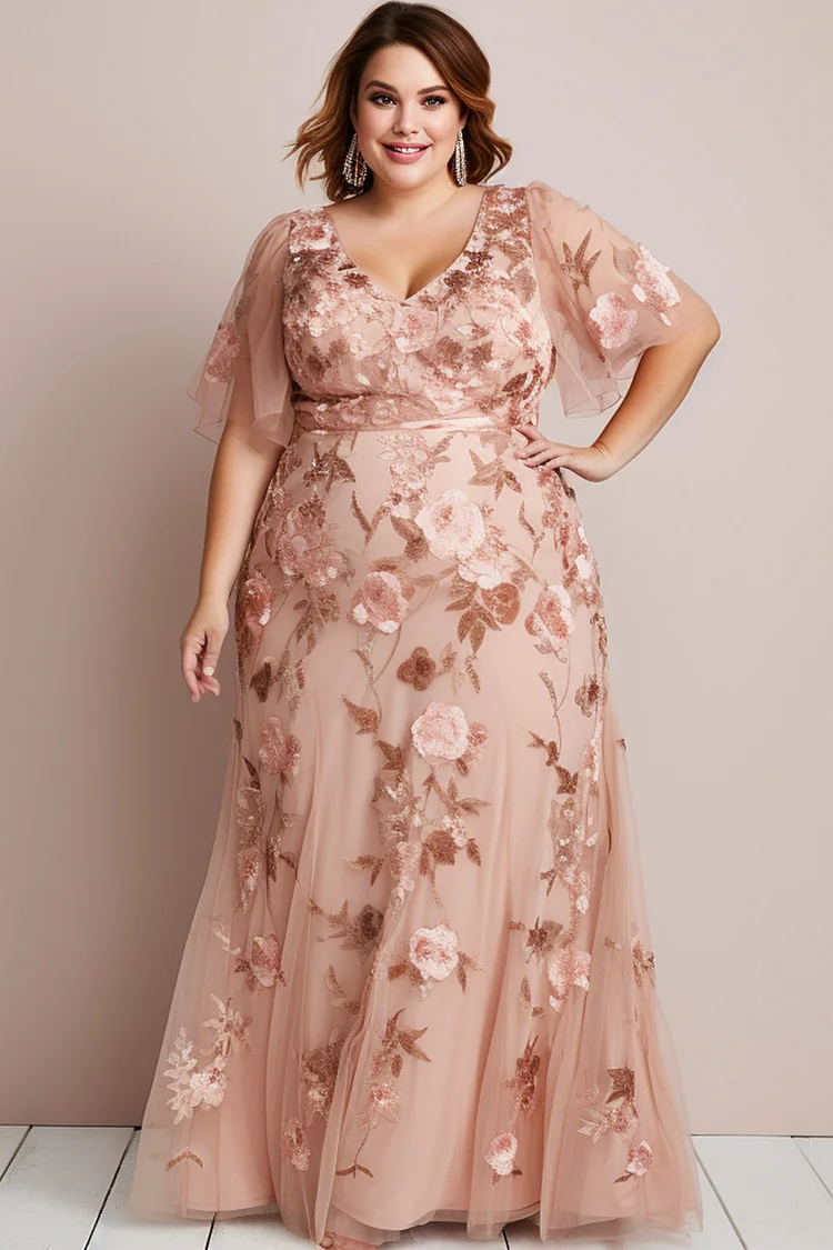 Flycurvy Plus Size Formal Pink Mesh Floral Embroidery Ruffle Maxi Dress  Flycurvy [product_label]