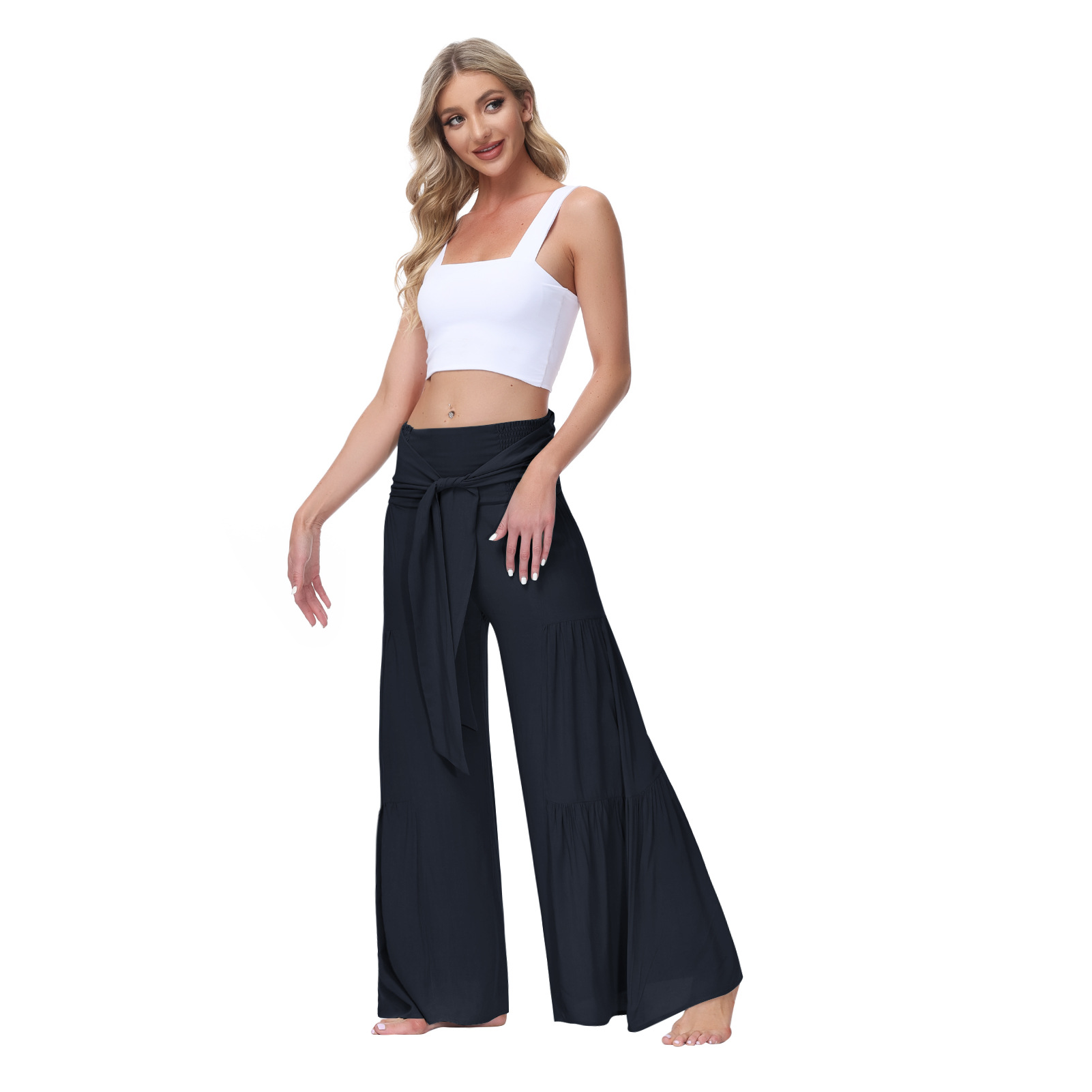  thdmladies Fashion Lace Up Elastic Waist Pleated Wide Leg Pants thedmladies