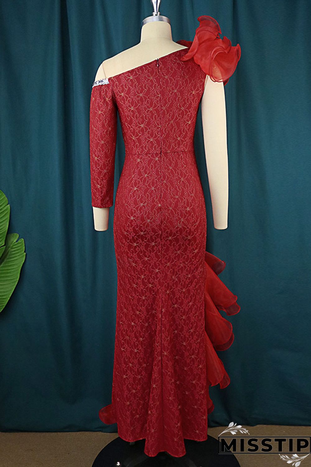 Red Elegant Patchwork Appliques Flounce Asymmetrical Evening Dress Dresses