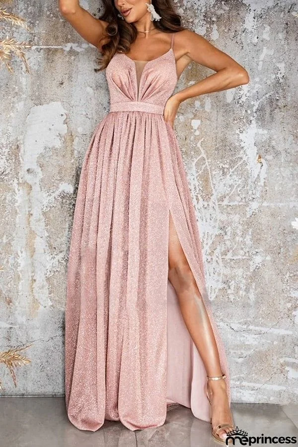 Formal Ready Shiny Fabric Mesh Slit Maxi Dress