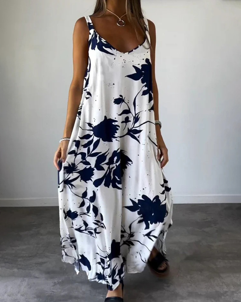 Floral Pattern V Neck Strap Sleeveless Loose Maxi Dress