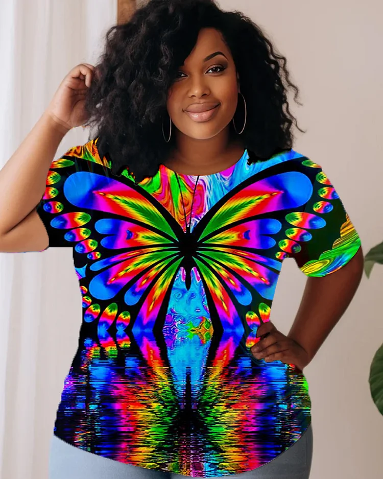 Colorful Personalized Butterfly Printed Oversized Women's Short Sleeved T-shirt