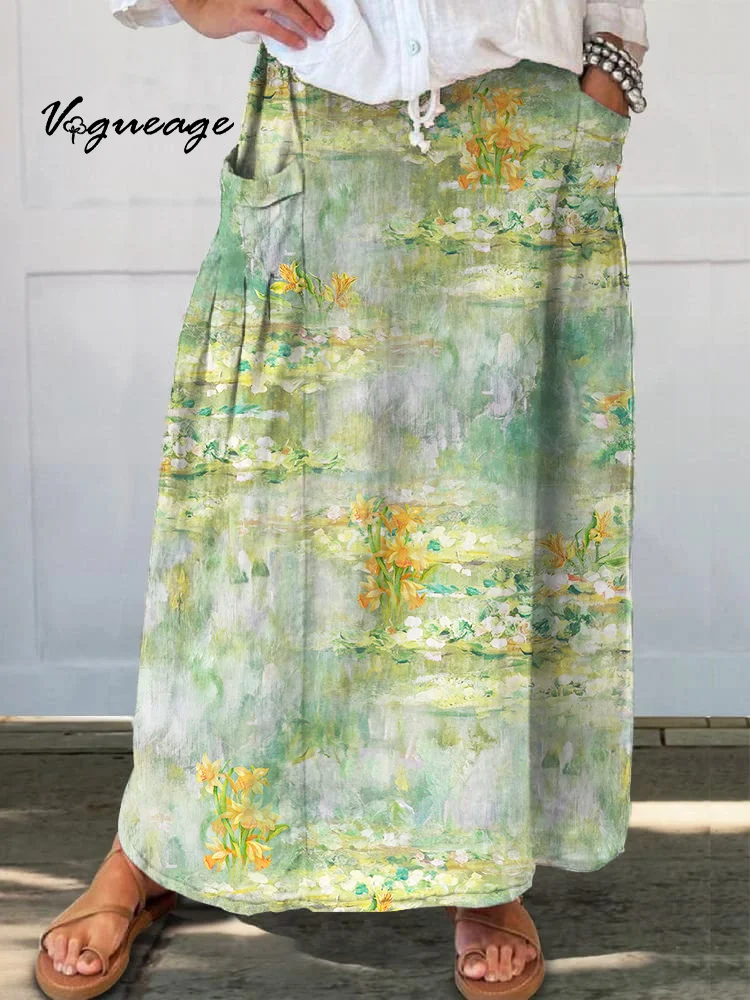 Oil Painting Elegant Ink Flowers Printed Women's Casual Cotton And Linen Skirt