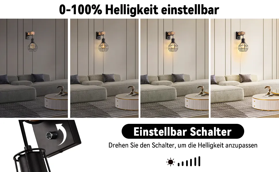 Wandlamp Binnen Dimbare Vintage Wandlamp Zwart Industriële Retro Lamp E27 Van Metaal En Hout Met Schakelkabel En Stekker Voor Trappenhuis Slaapkamer Restaurant Woonkamer