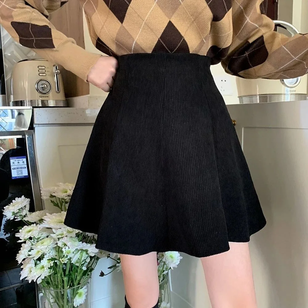 tlbang Skirts Women XS-4XL High Waist Brown with Lining A-Line Corduroy Solid Casual Sweet Ins Fashion Autumn New Arrival Faldas