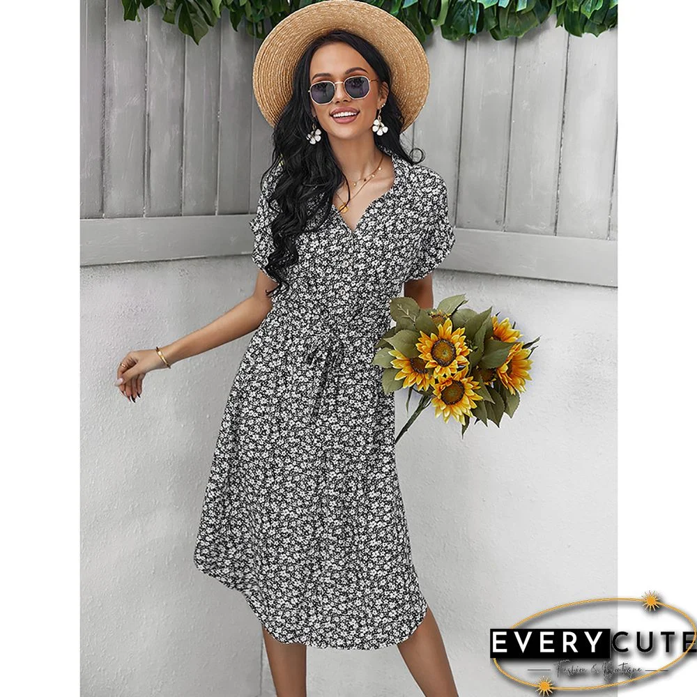 Black Floral Print Button Shirt Dress with Belt