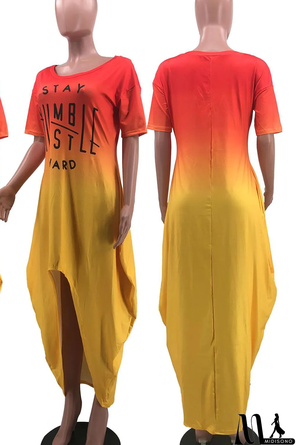 MidiSono - Yellow Casual Gradual Change Print Patchwork Asymmetrical O Neck Irregular Dress Dresses