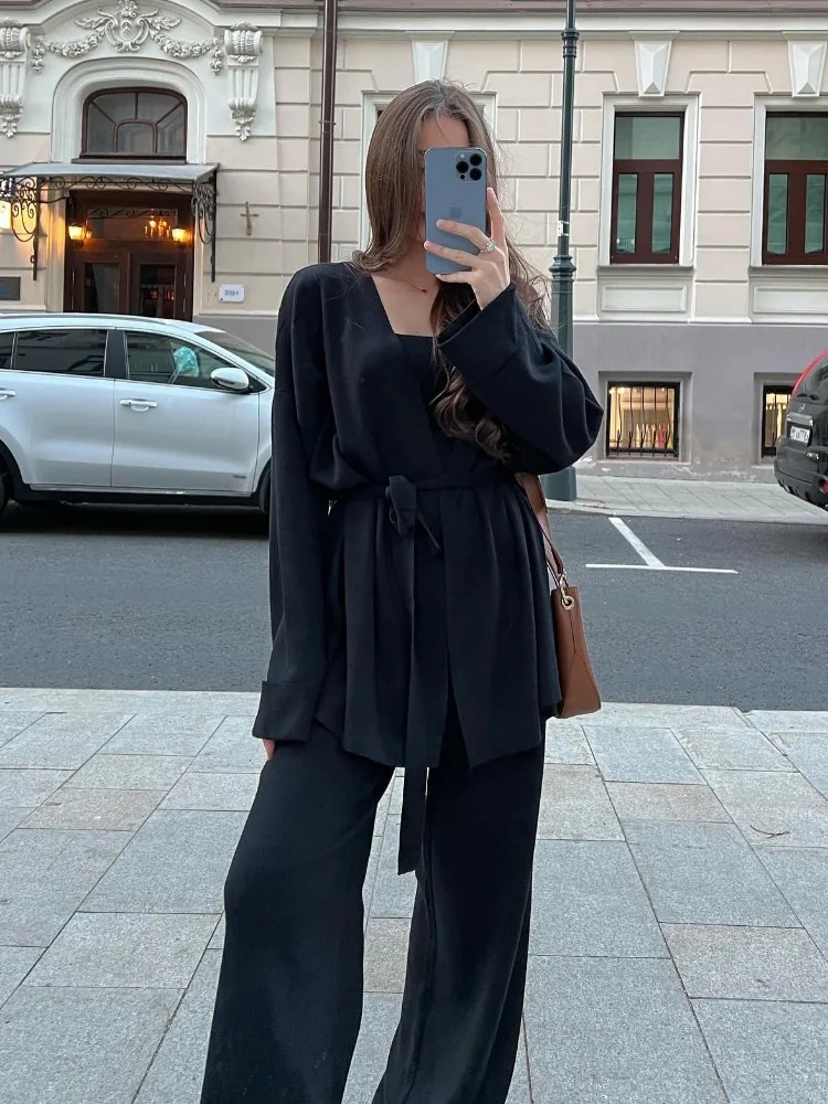 Ootddress Autumn Knit 3 Piece-Set For Women Outfits Lace-Up Vest Outwear Wide Leg Trousers Outfits Casual Solid Pleated Ladies Sets