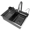 [US Local Warehouse] Stainless Steel Kitchen Sink with Pull-Out Swivel Faucet Double Waterfall Sinks