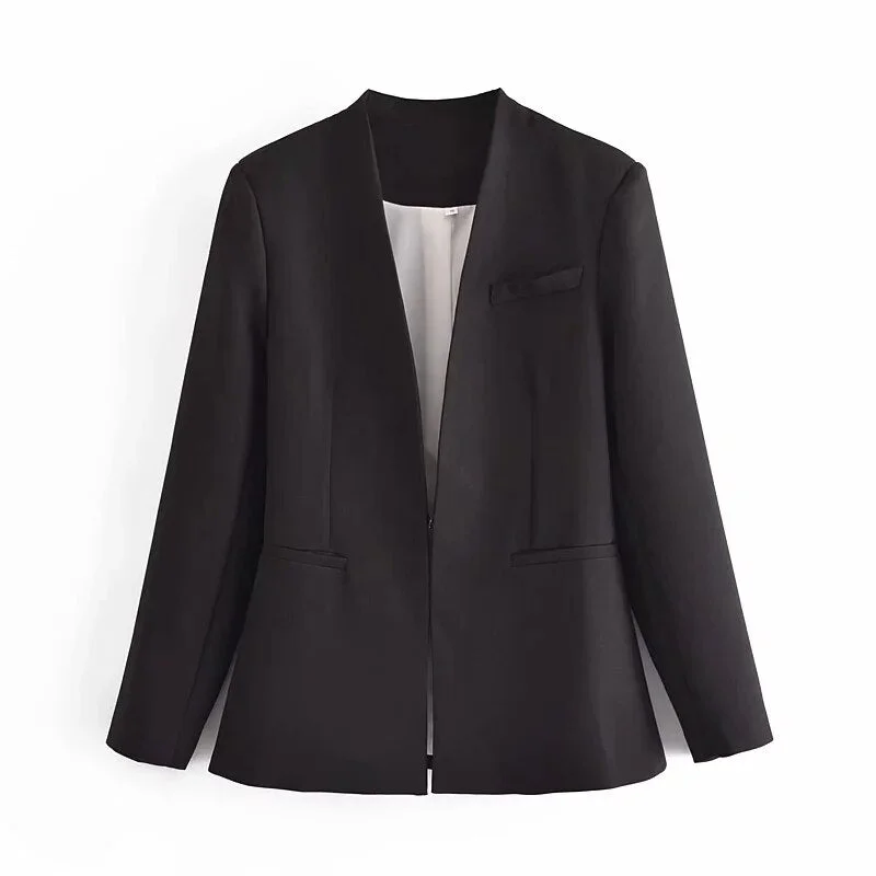 Fashion Solid Casual Women Suit Blazer Jacket Office Lady Double Pocket Cardigan Simple Coat Elegant Chic Streetwear Tops