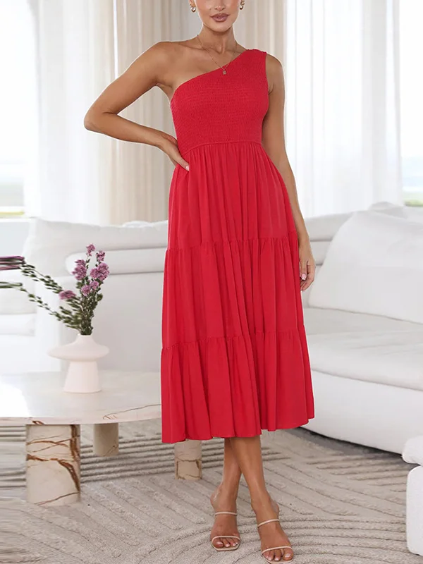 Loose Pleated Solid Color One-Shoulder Midi Dresses