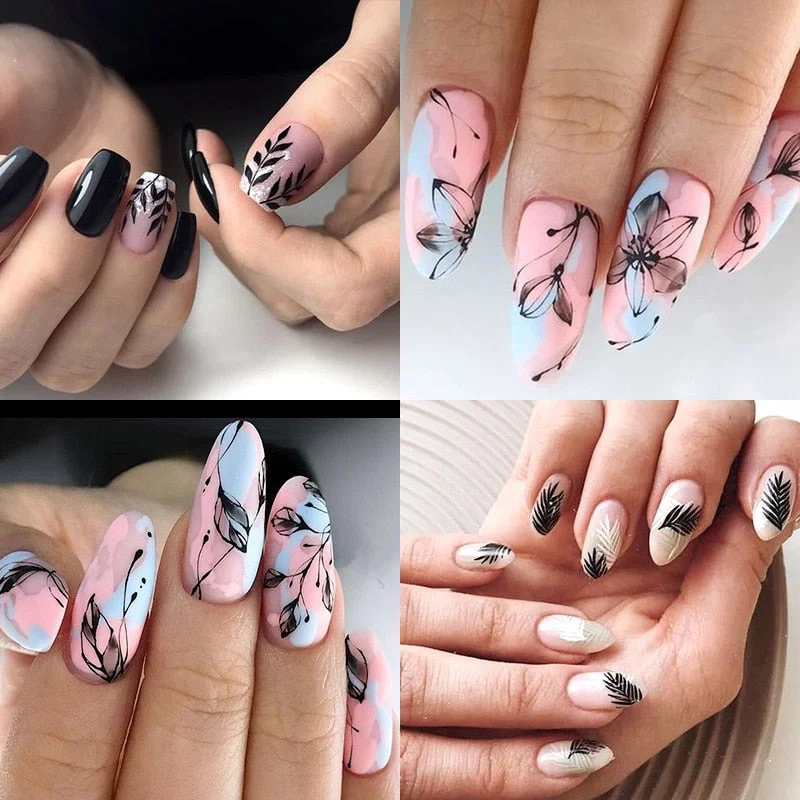 1pcs Black White Letter Stickers For Nails Flower Leaf Linear Transfer Decals Slider 3D Nail Art Decorations Wraps