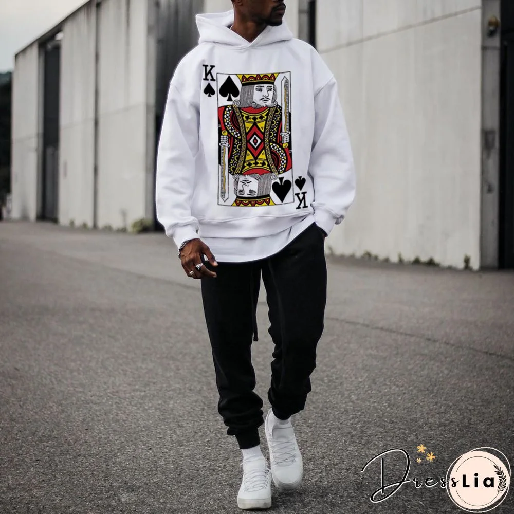 Mens White Playing Card Printed Hoodie