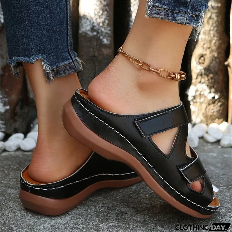 Summer Hollow Out Velcro Wedge Heel Casual Slippers for Women