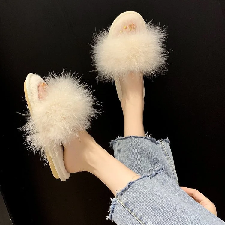 Wongn Wongn Cool Slippers Female Wear Ins Autumn Winter New Korean Version Of Fashion Casual Fire Chicken Feather Word Cool Drag Female