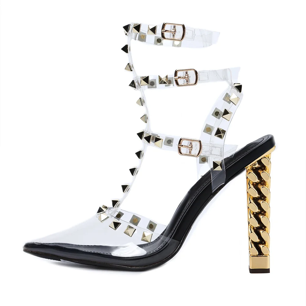 Black Leather and Clear Closed Pointed Toe Rivet Strappy Sandals With Decorative Heels Nicepairs