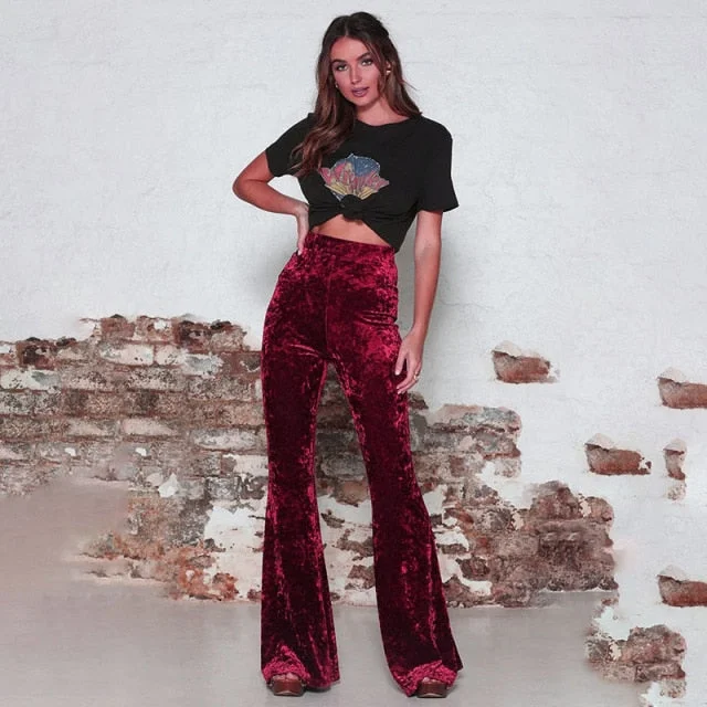 Casual Velour Red Black Bell Velvet Long Flare Pants