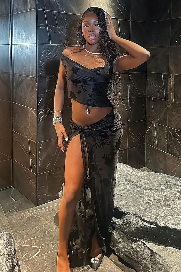 Floral Pattern Sleeveless Crop Top Tie Up High Slit Maxi Skirt 2pcs Set-Black