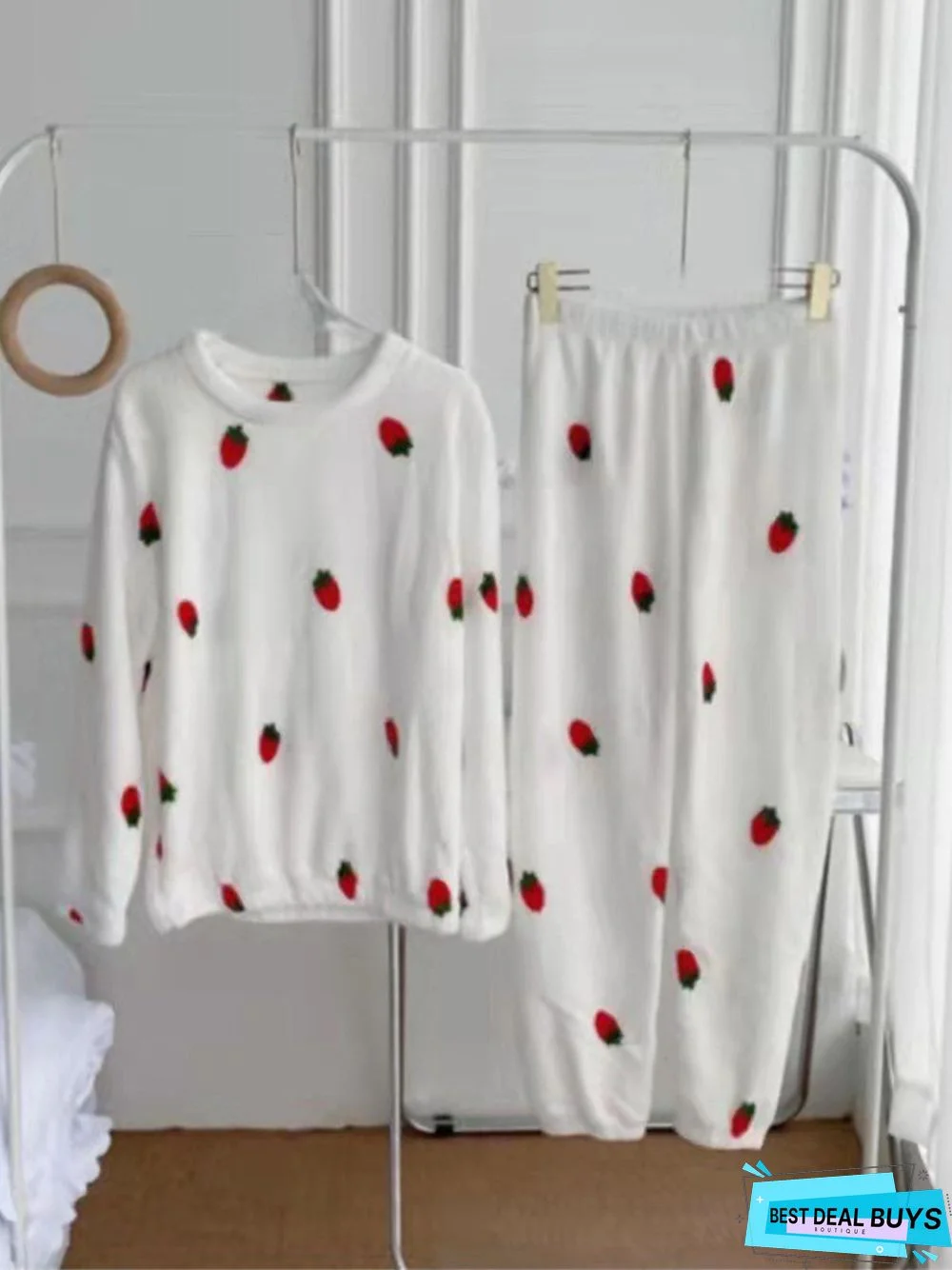 Strawberry Print Long Sleeve Pants Casual Loungewear Two Piece Plus Size