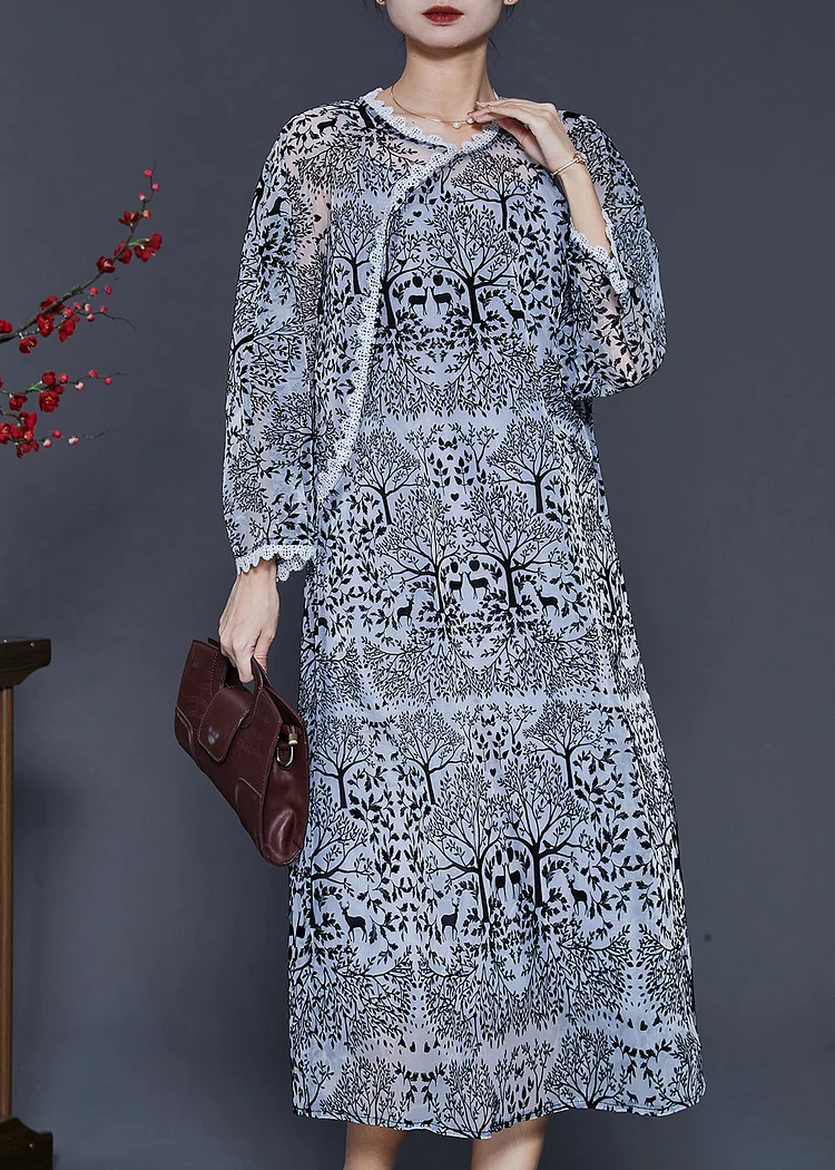 Fine Black Print Patchwork Lace Chiffon Holiday Dress Summer