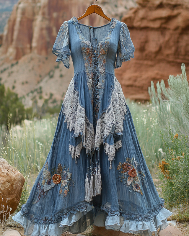 Summer Vintage Floral Lace Patchwork Dress