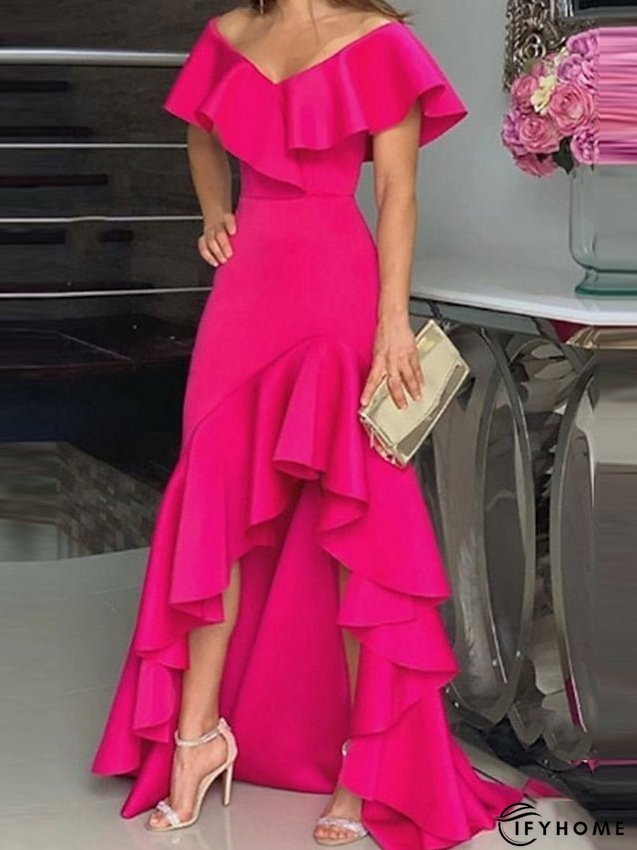 Party Dress Maxi long Dress Green Black Wine Fuchsia Dark Blue Short Sleeve Pure Color Ruffle Plus High Low Fall Spring V Neck Elegant Formal Party S M L XL XXL 3XL 4XL 5XL for Women | IFYHOME