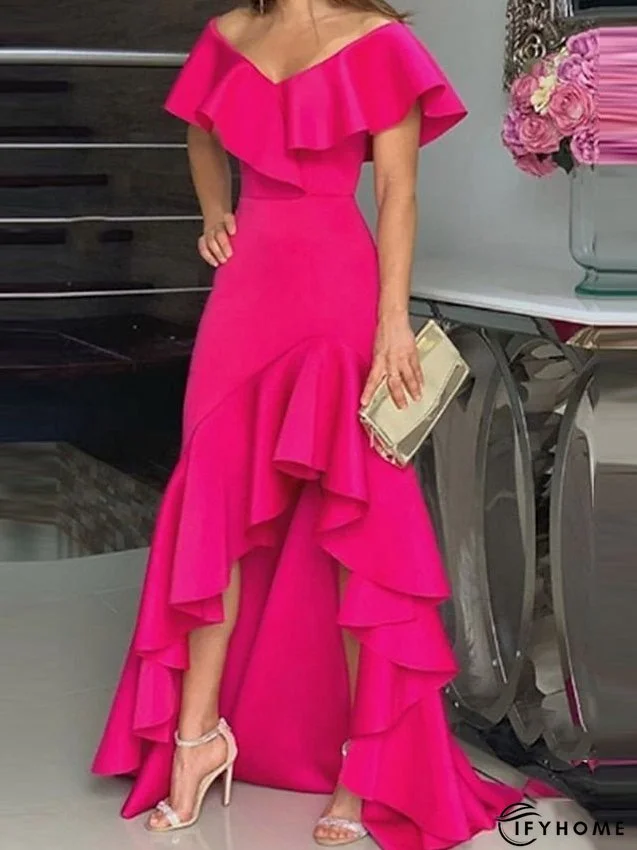 Party Dress Maxi long Dress Green Black Wine Fuchsia Dark Blue Short Sleeve Pure Color Ruffle Plus High Low Fall Spring V Neck Elegant Formal Party S M L XL XXL 3XL 4XL 5XL for Women | IFYHOME