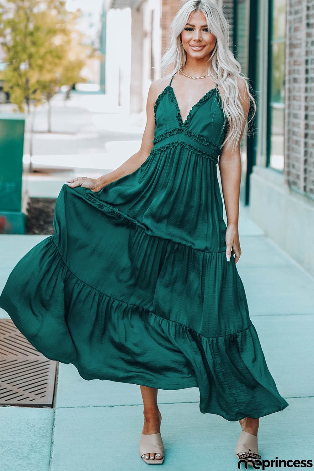 Cross Back Frilled Sleeveless Tiered Maxi Dress