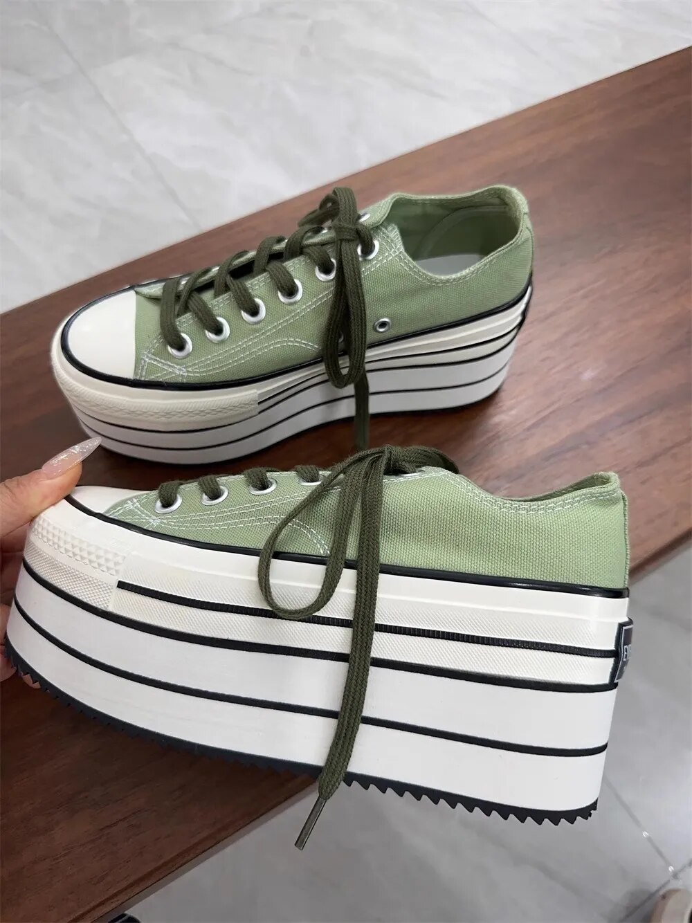 VCshoes Women Matcha Green Canvas Shoes Woman High Thick Wedges Heels Pumps Lady Dress Party Shoes Round Toe 47 Stripe Splicing