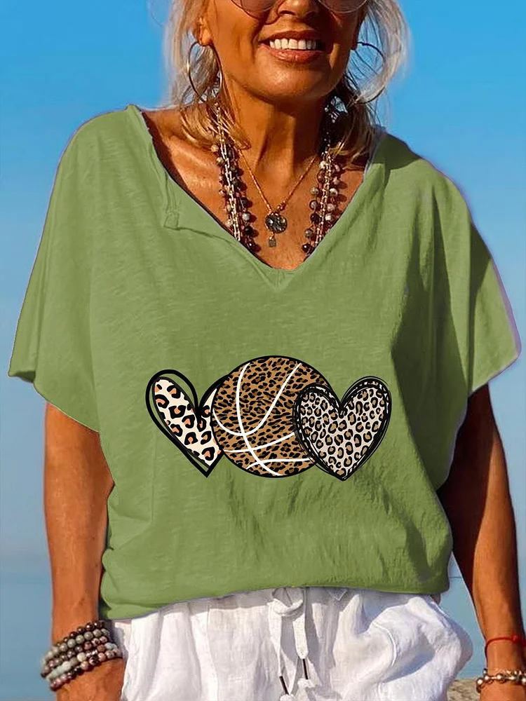 Leopard Print Love Basketball V Neck T-shirt-Annaletters