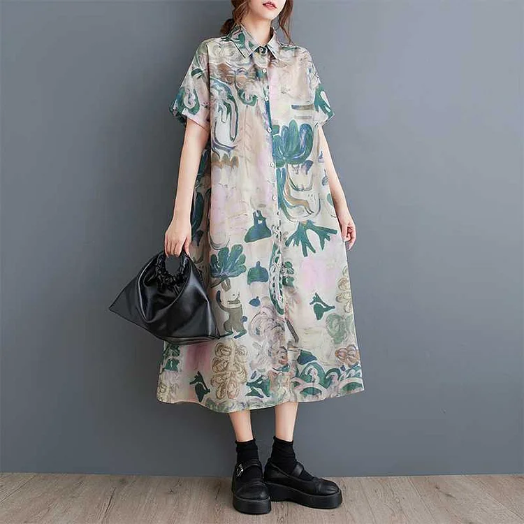 Vintage Printed Short Sleeve Lapel Dress