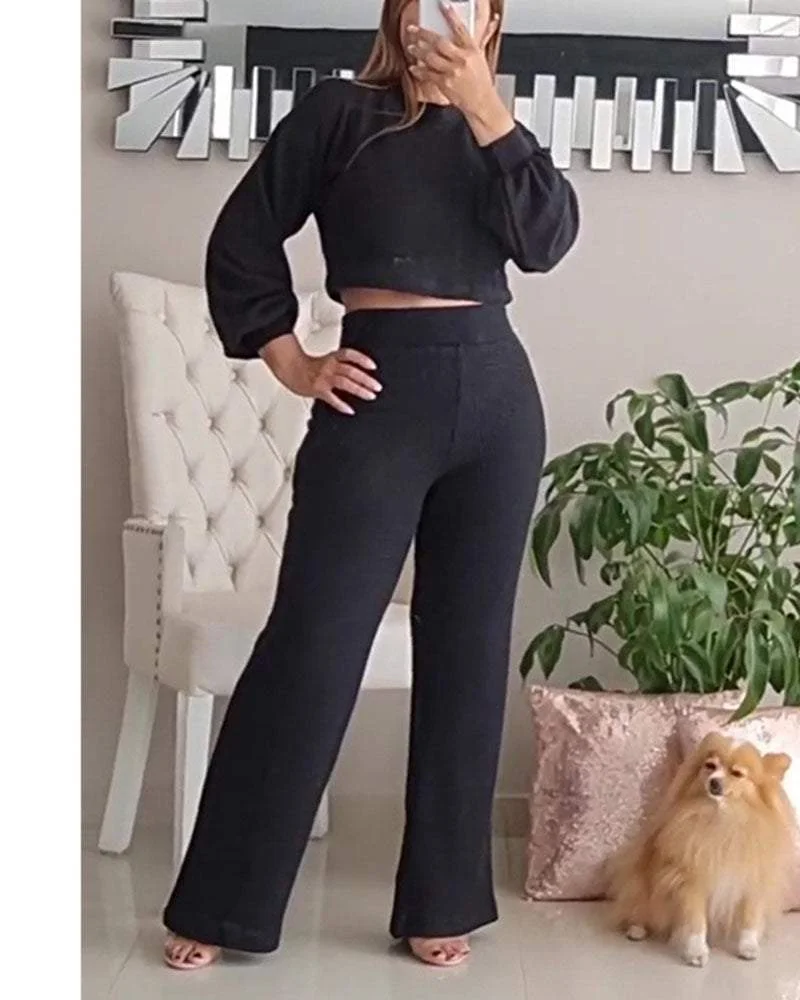 Round Neck T-shirt High Waist Straight Pants Two Piece Set